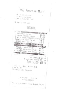 Receipt for lunch with Alexander England at The Empress Hotel.