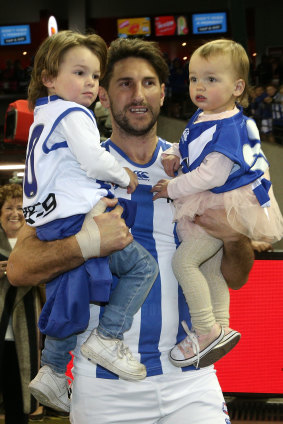 Father's day: Jarrad Waite with his children ahead of his last game for North Melbourne.