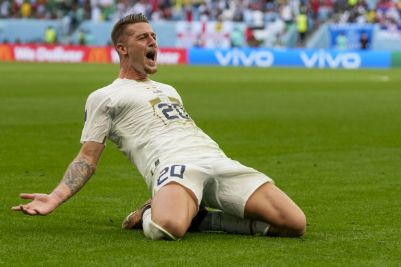 Serbia’s Sergej Milinkovic-Savic celebrates after scoring his side’s second goal.