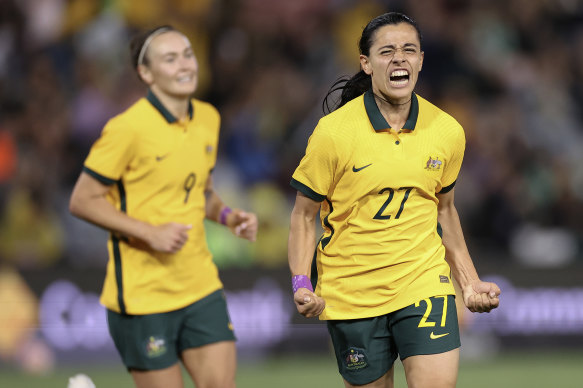 Alex Chidiac celebrates scoring against Jamaica as Australia took out the Cup of Nations tournament.