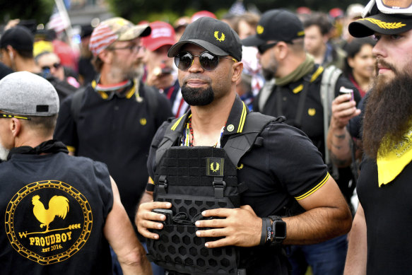 Proud Boys leader Enrique Tarrio (centre) at a rally in Portland, Oregon in August 2019.