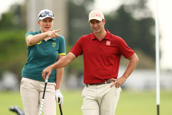 Adam Scott and Olympic gold medal winner Natalie Cook during the 2022 Australian PGA Championship Pro-Am.