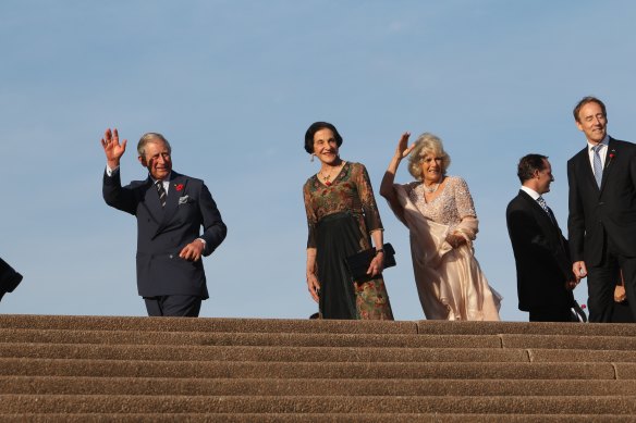 The then-Prince Charles and wife Camilla with former NSW governor Marie Bashir on a previous Australian visit in 2012.