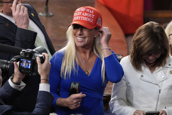 Greene antes de Trump discursar em uma sessão conjunta do Congresso em março.