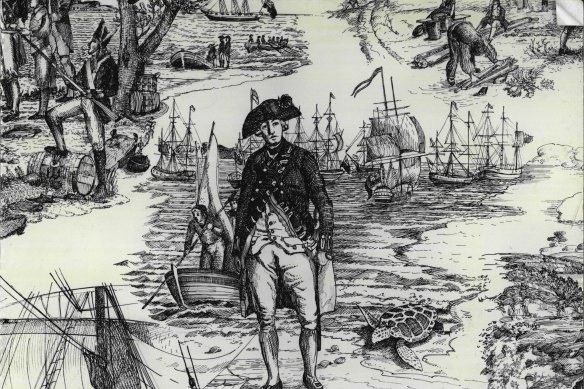 Governor Phillip landing at Botany Bay, the ships of the First Fleet behind him.