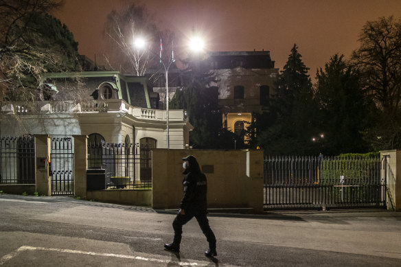 A policeman watches in front of The Russian Federation embassy building on April 17, 2021 in Prague, Czech Republic.