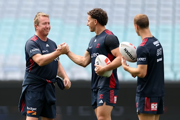 Trent Robinson and Mark Nawaqanitawase at the Roosters’ captain’s run. 