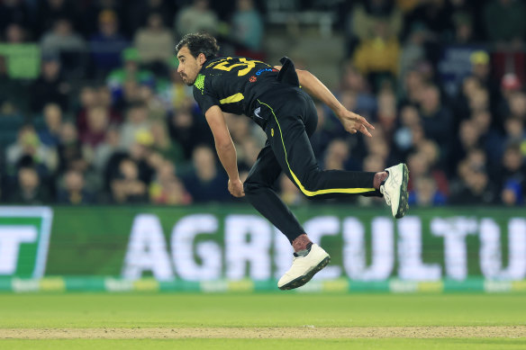 Mitchell Starc bowling against England in Canberra.