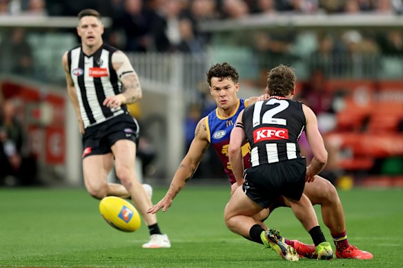 Cam Rayner of the Lions competes for the Sherrin.