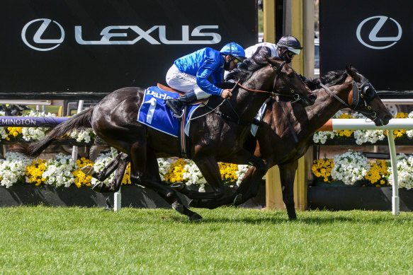 Finance Tycoon wins the Maribyrnong Plate during the Melbourne Cup carnival