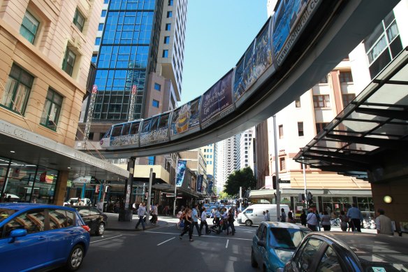 The monorail, when it was operating on Pitt and Liverpool streets. 