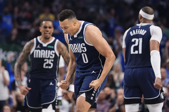 Dallas Mavericks guard Dante Exum (0) reacts to a play in the western conference finals