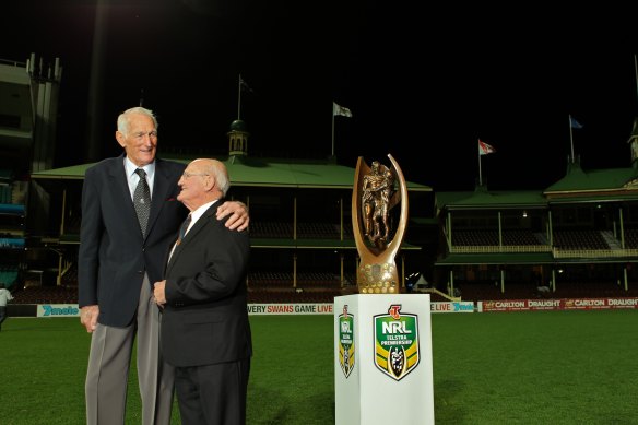 Norm Provan and Arthur Summons with the NRL trophy.