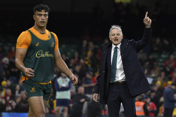 Joe Schmidt barks directions for the Wallabies ahead of their Wales clash.