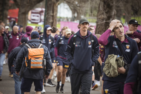 Joe Daniher walks through Yarra Park on his way to training at Punt Road Oval ahead of the grand final.