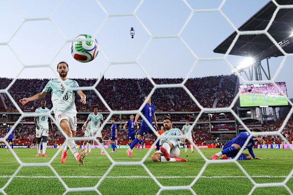 Josko Gvardiol #4 of Croatia scores a goal that was ruled offside following a VAR review.