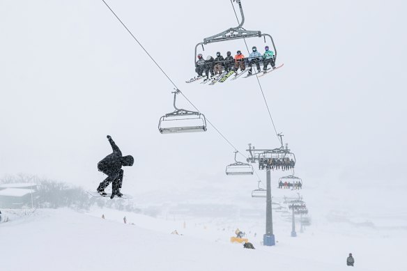 Skiers and snowboarders at Front Valley at Perisher Resort.