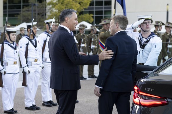 Deputy Prime Minister and Minister for Defence Richard Marles greets UK Defence Secretary Grant Shapps.