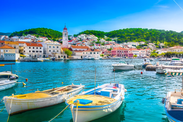 Seafront scenery in the Mediterranean village Pucisca on the island of Brac, Croatia.