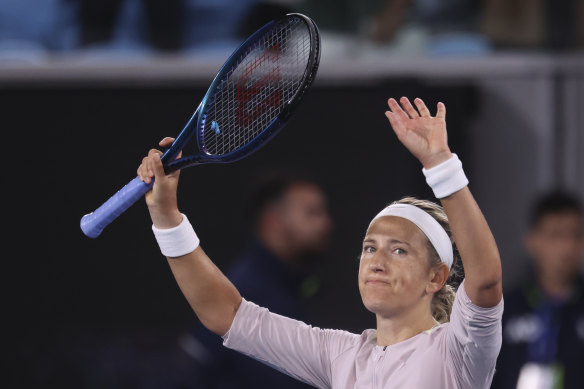 Victoria Azarenka of Belarus reacts after winning her second round match against Clara Tauson of Denmark.