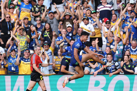 Blaize Talagi celebrates a try on debut.