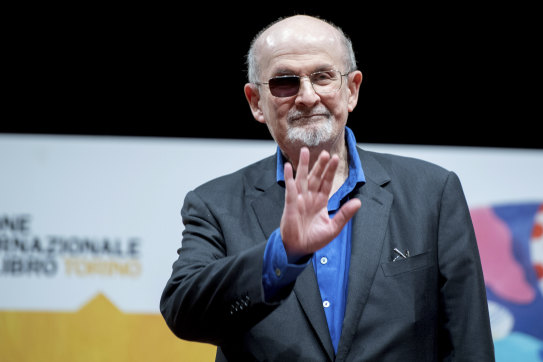 Salman Rushdie acknowledges the audience at the Book Fair in Turin, on May 10.