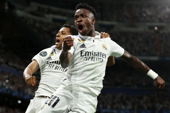 Vinicius Junior of Real Madrid celebrates after scoring the team’s first goal during the UEFA Champions League semi-final first leg match between Real Madrid and Manchester City on May 9.