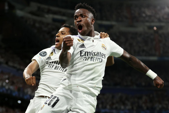 Vinicius jnr celebrates his opener for Real Madrid.