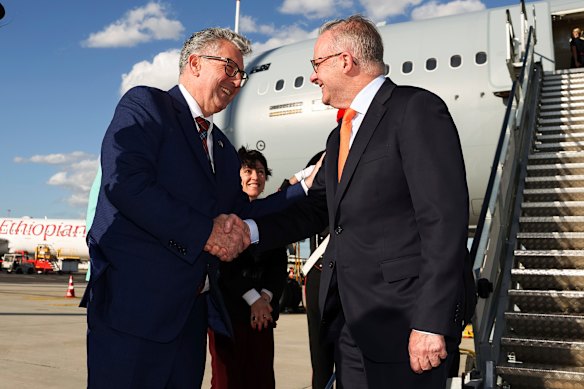 Keith Pitt, Australia’s ambassador-designate to the Holy See, greets Prime Minister Anthony Albanese as he arrives in Rome ahead of Sunday’s inauguration mass for Pope Leo.
