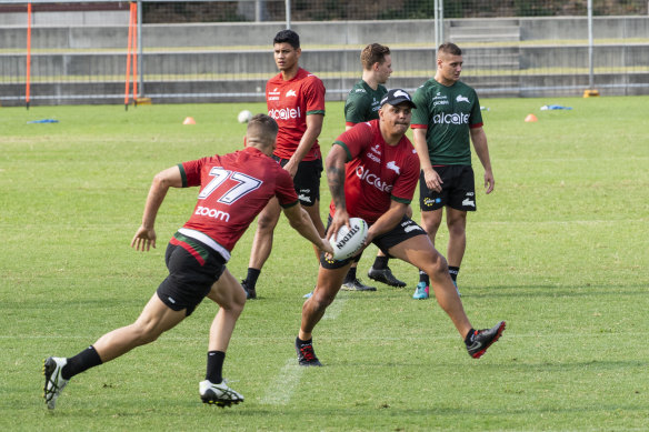 One-time Tigers recruit Latrell Mitchell enjoys his first day training with South Sydney.
