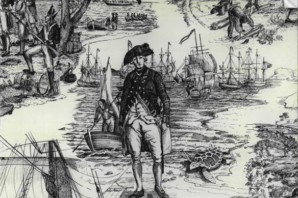 Governor Phillip landing at Botany Bay, the ships of the First Fleet behind him.
