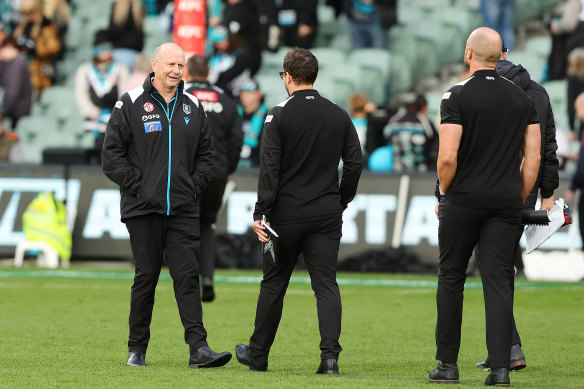 Ken Hinkley leaves the Adelaide Oval after Port Adelaide’s disappointing loss on Saturday.