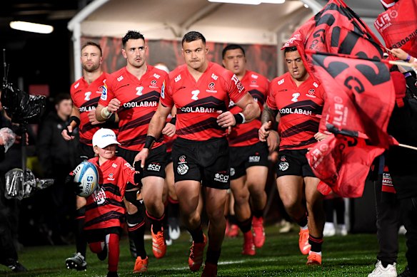 David Havili of the Crusaders leads the team out for the Super Rugby final.