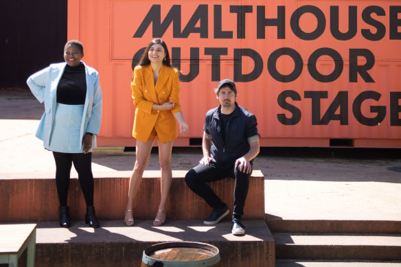 Malthouse Theatre artistic director Matthew Lutton with musicians Rita Satch and Thando who performed at the latest Outdoor Stage summer season.