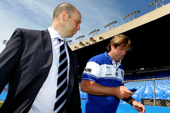 Todd Greenberg shows Des Hasler around Belmore on his first day at the club in 2012.
