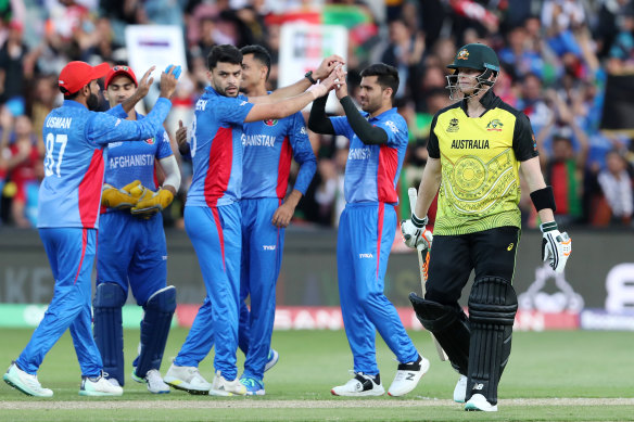 Afghanistan players celebrate the wicket of Steve Smith last week.