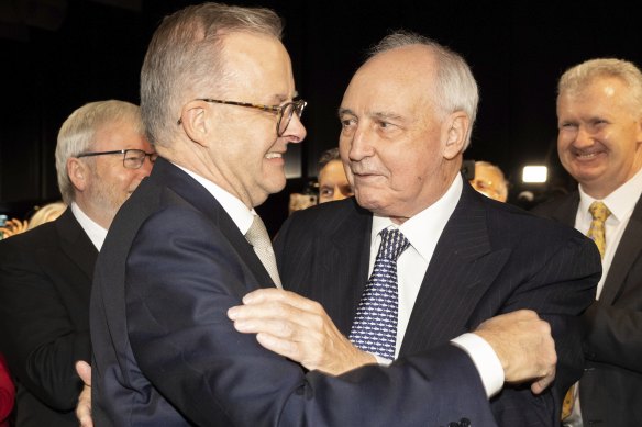 Former prime minister Paul Keating, with Anthony Albanese, slammed the Coalition’s policy to raid super for a first home.