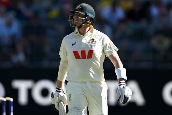 Steve Smith trudges off - a familiar sight for Australia’s batsmen on day one.