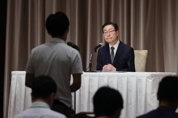 Tomihiro Tanaka, head of the Japan branch of South Korea’s Unification Church at a press conference last week. The church denied it demanded large donations from anyone.