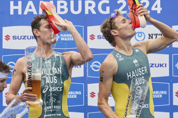 Australia’s Luke Willian and Matthew Hauser celebrate in Hamburg earlier this month.