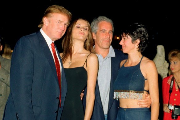 Donald Trump, his wife-to-be, Melania Knauss, with Jeffrey Epstein and Ghislaine Maxwell in Florida in 2000.