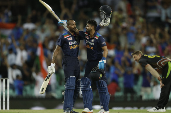Hardik Pandya and Shreyas Iyer celebrate after securing the thrilling win at the SCG.