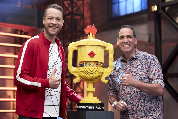 Hosts with the most: Hamish Blake and "Brickman" Ryan McNaught on the set of Lego Masters.