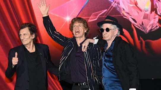 Ronnie Wood, Mick Jagger and Keith Richards at the launch of the new Rolling Stones album, Hackney Diamonds, in London on Wednesday.