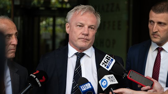 Sports journalist Paul Kent leaving court after being cleared of domestic violence charges. 