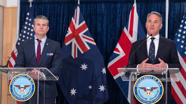 US Secretary of Defence Pete Hegseth and Australian Defence Minister Richard Marles speak to reporters in Washington.