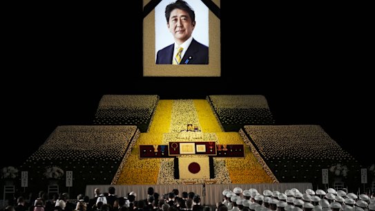 A portrait of former Japanese Prime Minister Shinzo Abe hangs on the stage during the state funeral of former Japanese prime minister Shinzo Abe