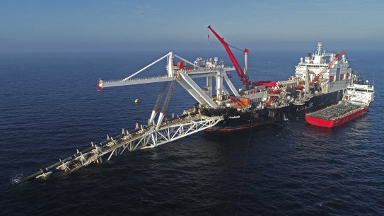 A ship works offshore in the Baltic Sea on the natural gas pipeline Nord Stream 2 from Russia to Germany. 