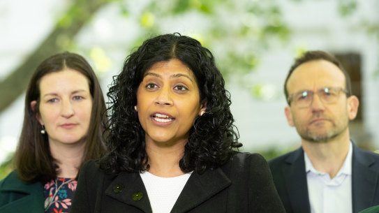 Greens leader Samantha Ratnam, centre, with Melbourne MP Ellen Sandell and federal party leader Adam Bandt.