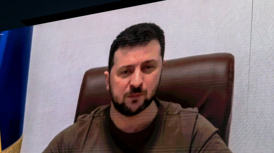 Ukrainian President Zelensky, pictured here at a previous video appearance, again addressed world leaders in Bali via videolink.